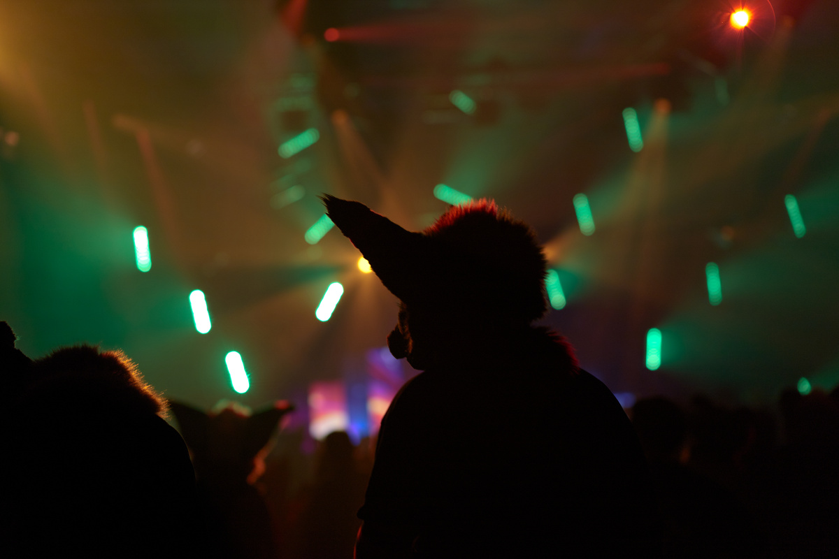 The same fursuiter turned their head slightly to the right and the lights of the stage are slightly brighter.